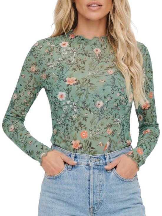 Tops - Womens Emerald Green Finch Print  Mesh Stretchy Blouse Tops Long Sleeve Shirt